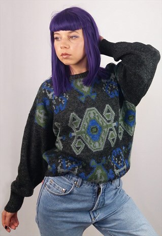 VINTAGE 80'S UNISEX WOOL KNIT JUMPER/SWEATER RETRO PATTERN