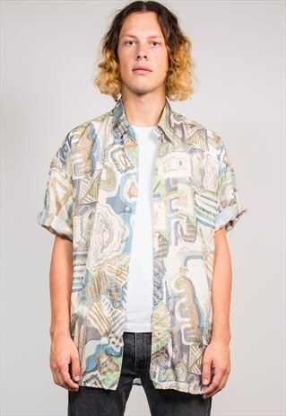 VINTAGE 90'S WAVEY SILK PATTERNED SHORT SLEEVE SHIRT