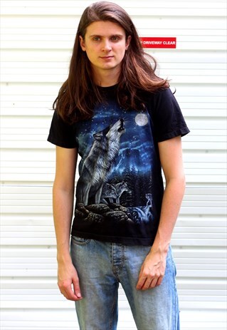 1990'S VINTAGE BLACK GRAPHIC WOLF PRINT T-SHIRT