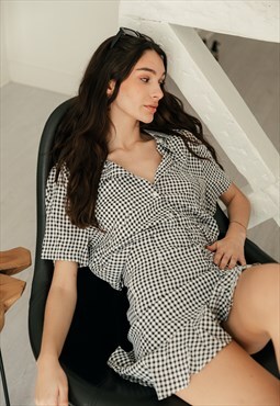 Ruched Gingham Frill Mini Skirt and Relaxed Shirt Co Ord