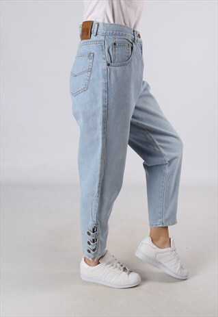 VINTAGE HIGH WAISTED DENIM JEANS WIDE TAPERED UK 12 (FA5E)