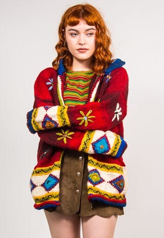 VINTAGE 90'S RED KNIT FLORAL GRUNGE STYLE CARDIGAN