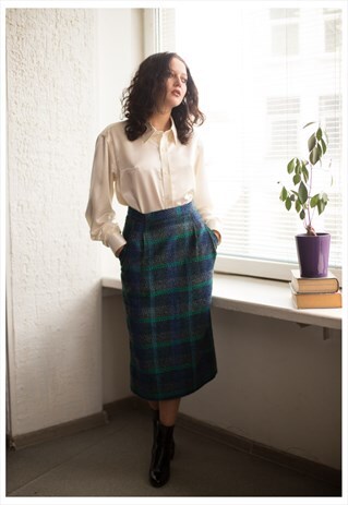 VINTAGE 90'S BLUE/GREEN WOVEN MIDI SKIRT