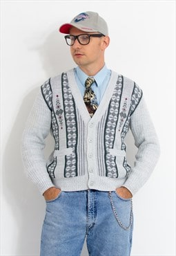 Vintage 80s cardigan in geometric pattern preppy sweater