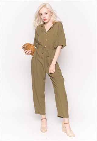 COTTON SHORT SLEEVE JUMPSUIT IN KHAKI GREEN