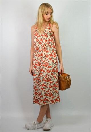 VINTAGE RED & CREAM FLORAL HALTER MIDI SUMMER DRESS