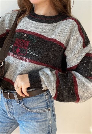 VINTAGE 80S BOSTON STRIPED KNIT UNISEX JUMPER SWEATER