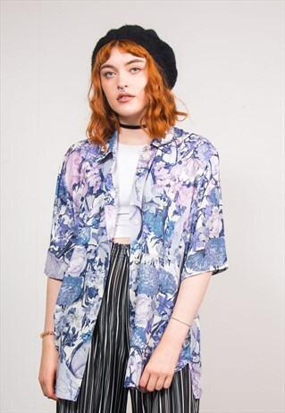 90'S VINTAGE BLUE FLORAL PATTERN SHORT SLEEVE SHIRT