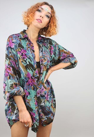 VINTAGE 80S 90S OVERSIZED LONG SLEEVE PATTERNED SHIRT