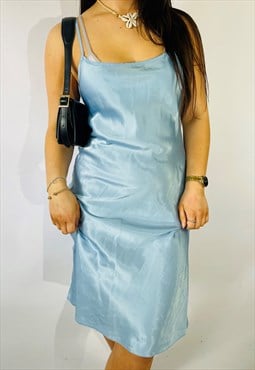 Vintage Size S Satin Midi Slip Dress in Blue