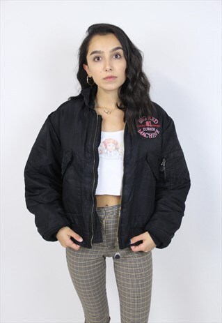 VINTAGE 90'S BLACK PRINTED BOMBER JACKET