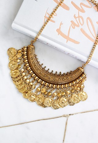 GOLD COIN STATEMENT BOHO VINTAGE STYLE NECKLACE