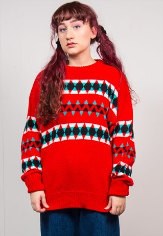 VINTAGE 90'S RED KNIT TRIANGLE PATTERN OVERSIZED JUMPER