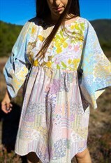 Sienna Wide Sleeve Dress - Pastel Patchwork - M/L