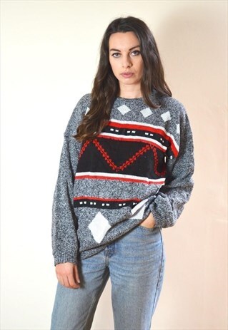 80S VINTAGE GREY & RED ABSTRACT PATTERN KNIT JUMPER