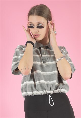 VINTAGE 90S REWORKED RALPH LAUREN CROP TOP POLO SHIRT GREY
