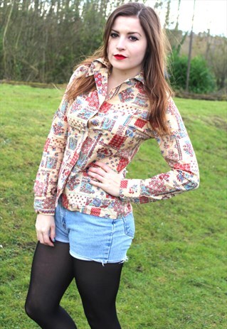 VINTAGE 80S USA WESTERN RANCH SHIRT - PATTERN - SIZE 8/10