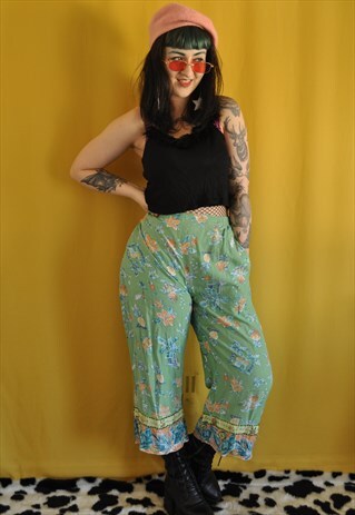 VINTAGE FRUIT PRINT BEADED CROPPED TROUSERS