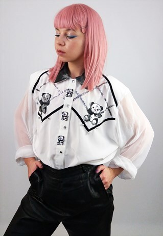 VINTAGE 80'S WHITE SHEER BLOUSE SILVER BEARS PATCH