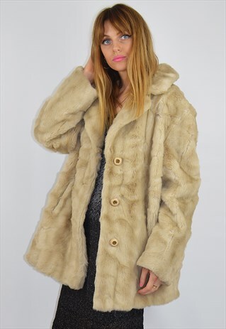 VINTAGE 1980'S ASTRAKA CREAM FAUX FUR COAT / JACKET