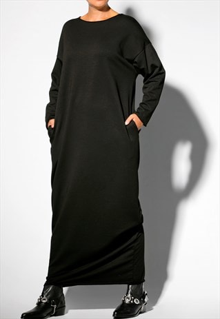 BLACK CASUAL DRESS, LONG DRESS, MAXI DRESS, WINTER DRESS