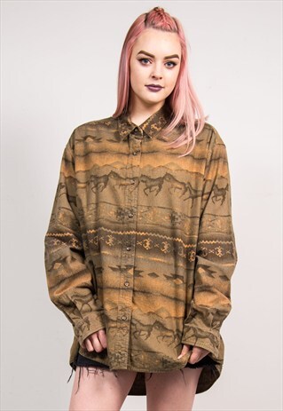 VINTAGE 90'S BROWN HORSE AZTEC FLANNEL SHIRT