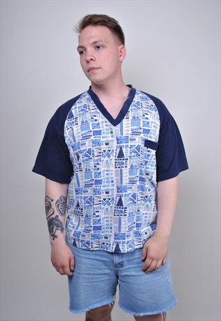 70S BLUE ABSTRACT PRINT V-NECK TSHIRT, SIZE L