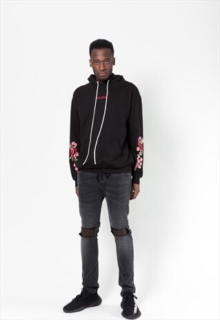 BLACK HOODIE SLIM FIT OVERSIZED ROSE HOODIE