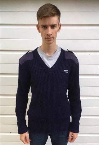 MENS VINTAGE 80S JUMPER DARK BLUE MILITARY V NECK SWEATER