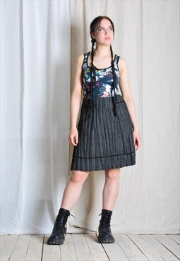 Y2K Dark Grey Grunge Crinkled Pleated Womens Midi Skirt