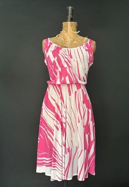 70's Vintage White Pink Abstract Sleeveless Slinky Dress