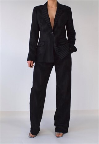 VINTAGE 90S Y2K TAILORED PINSTRIPE TROUSER SUIT COORD 8-10