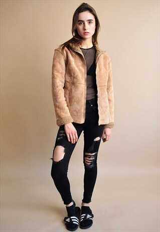 90'S RETRO FAUX SUEDE & FAUX FUR SHERPA SHEARLING JACKET