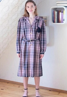 Light purple and black checked belted dress
