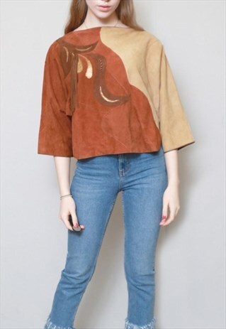 VINTAGE 1970'S PREMIUM BROWN SUEDE TASSEL BATWING TOP