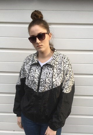 WOMENS VINTAGE 80S JACKET BLACK WHITE FLORAL SHELL SUIT TOP