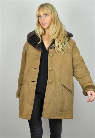 VINTAGE 70S CAMEL & DARK BROWN SHEEPSKIN / SHEARLING COAT