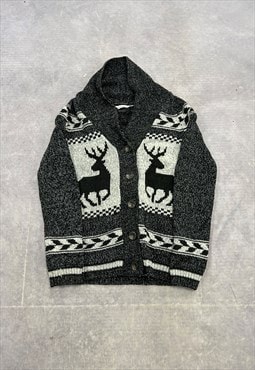Abstract Knitted Cardigan Reindeer Patterned Chunky Knit