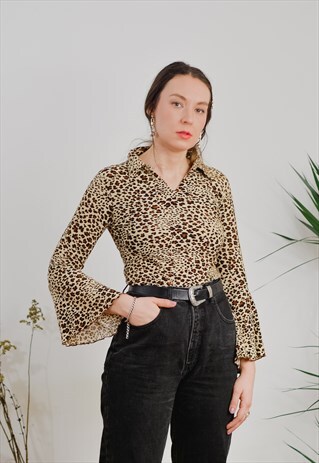 LEOPARD TOP WOMEN ANIMAL PRINT ELASTIC BLOUSE BELL SLEEVE