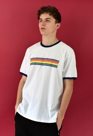 G&G UNISEX WHITE/NAVY CHUNKY RAINBOW RINGER TEE