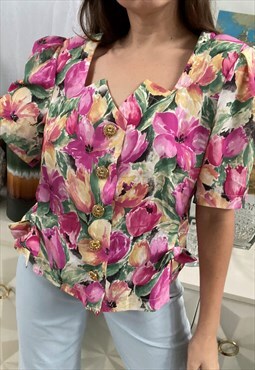 Vintage 80s peplum Botanica abstract floral print blouse top