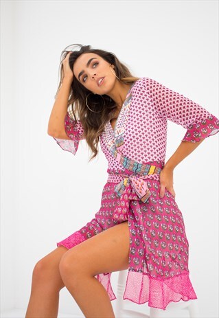 IBIZA PINK FLORAL FRILL WRAP DRESS