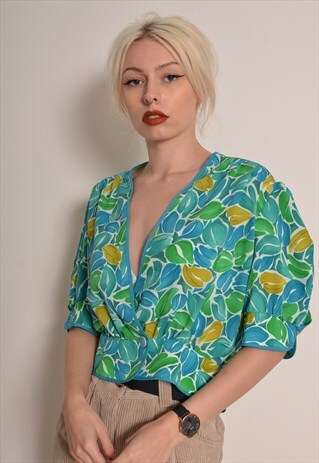 VINTAGE 90S CRAZY PATTERN PLUNGE NECK BLOUSE IN TURQUOISE