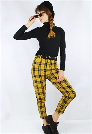 LINED CHECKED HIGH WAISTED MOM TAPERED CIGARETTE PANTS