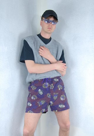 VINTAGE 80'S ABSTRACT RETRO SWIMWEAR FESTIVAL SHORTS PURPLE