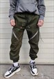 CARGO POCKET PANELED EMBROIDERED JOGGERS ZIPPER PANTS GREEN