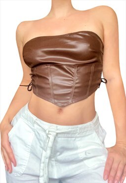 Brown Faux Leather Lace Up Bandeau Strapless Crop Top
