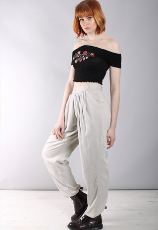 VINTAGE 80S BEIGE PLEAT FRONT HIGH WAISTED TAPERED TROUSERS
