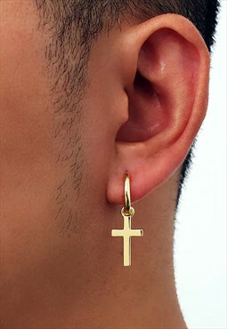 54 Floral Hoop Hanging Cross Crucifix Earring - Gold