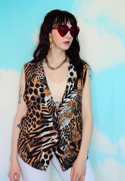Vintage 80's Animal Print Sleeveless Waistcoat Leopard Tiger